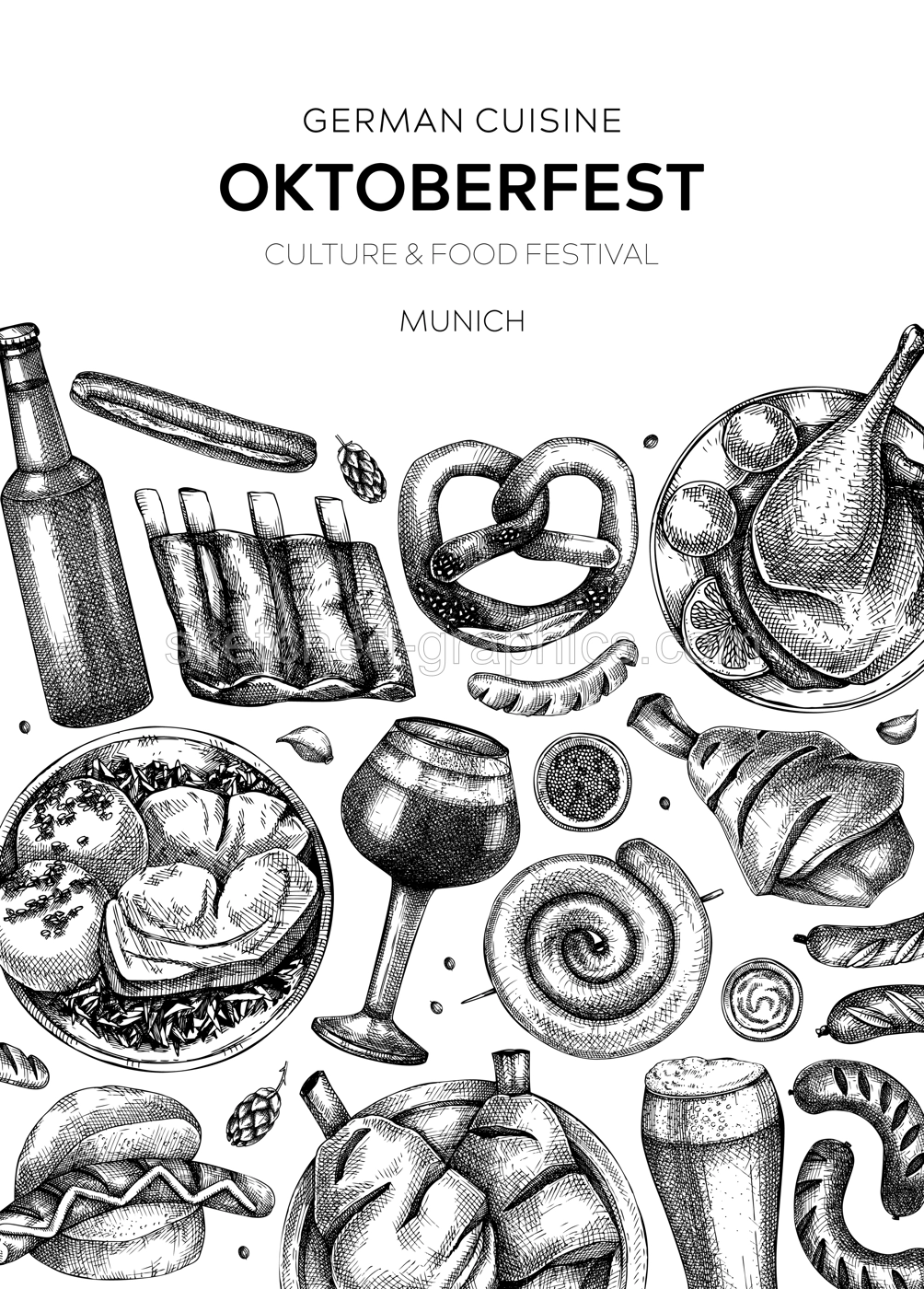 Oktoberfest background. German food and drinks menu. Vector meat dishes sketches. German cuisine frame. Beer festival black and white illustration in sketched style. Oktoberfest party design. Illustration